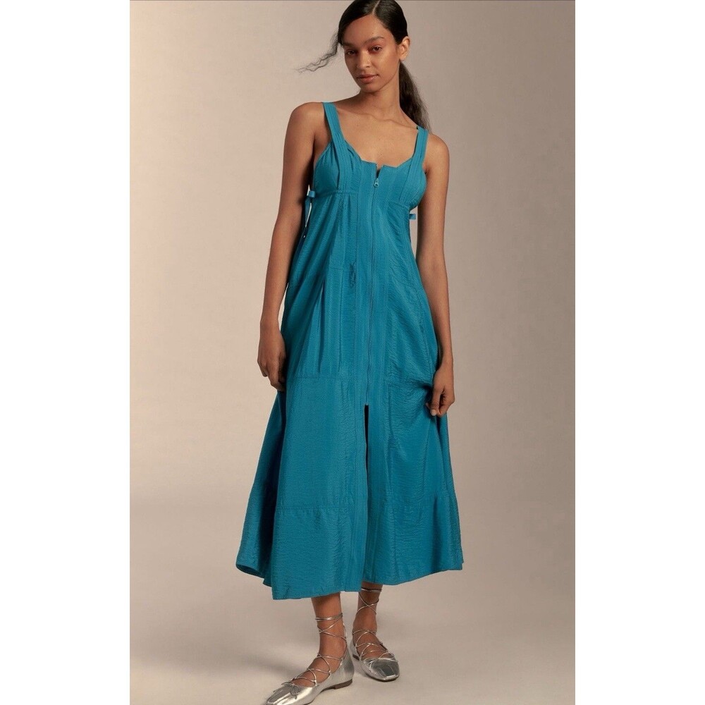 Anthropologie Pilcro Midi Dress Women Blue Parasail Zip Front Flowy Medium NWT